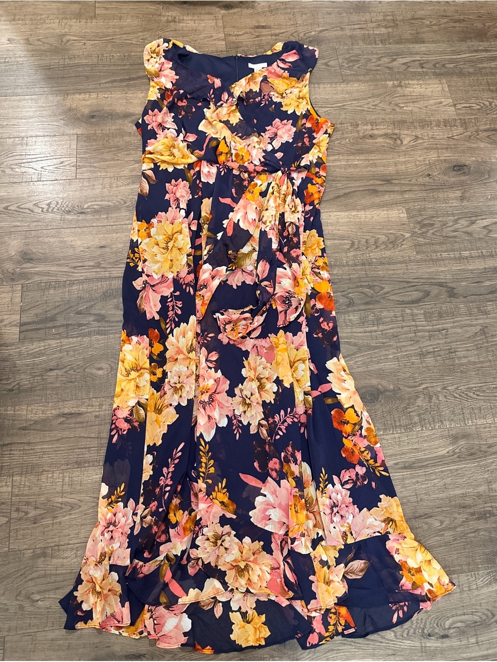 London Times 14W Floral Chiffon Ruffle Maxi Dress Navy Pink